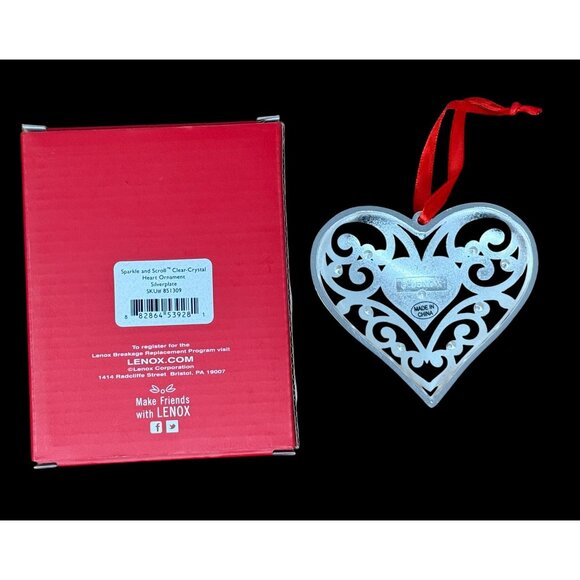 Lenox Sparkle & Scroll Heart-Crystal Ornament Silver-Tone Red Ribbon Christmas - Picture 2 of 5
